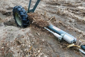 In the 2019 Midwest flooding, in order for this pivot to move, it needs soil added to the holes caused by floodwaters. In addition, its center drive motors have been underwater and may need to be repaired or replaced.